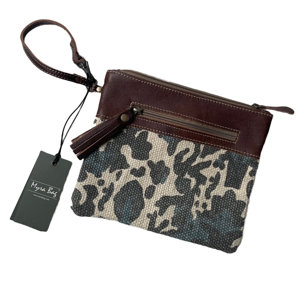 Myra Bag Distressed Canvas & Leather Pouch Wristlet NWT